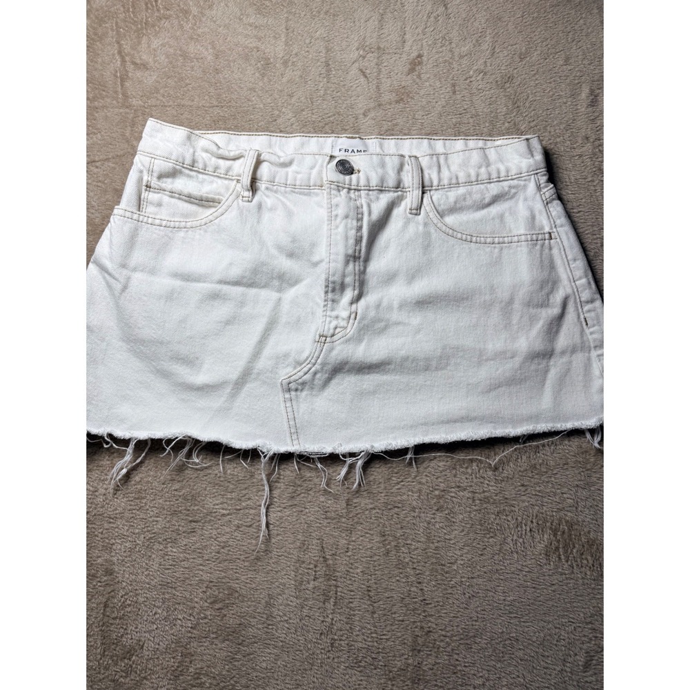 FRAME Denim Mini Skirt Ecru Off-White Raw Hem Size 32 Grunge Summer Festival